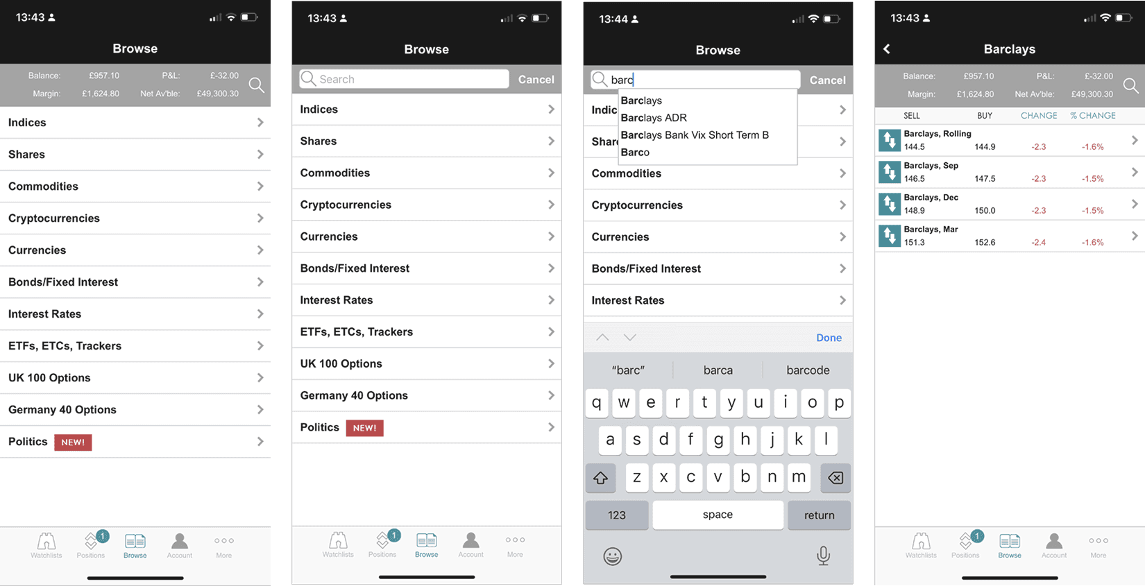 Four mobile screens showing the original browse-heavy trading market search journey.